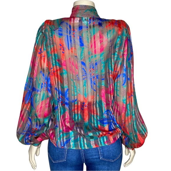 Vintage Colorful Floral Satin Striped Studio Retro Poet Blouse Holiday Top (M) - Picture 4 of 10